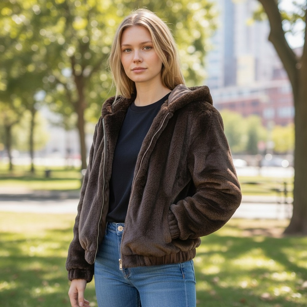 Avec Les Filles Brown Faux Fur Hooded Bomber Jacket Women Large Zip Up Coat